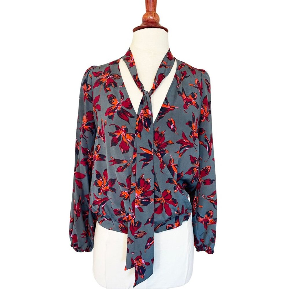 Madewell Silk Floral Tie Neck Faux Wrap Top in Bridgette Architect Green Small